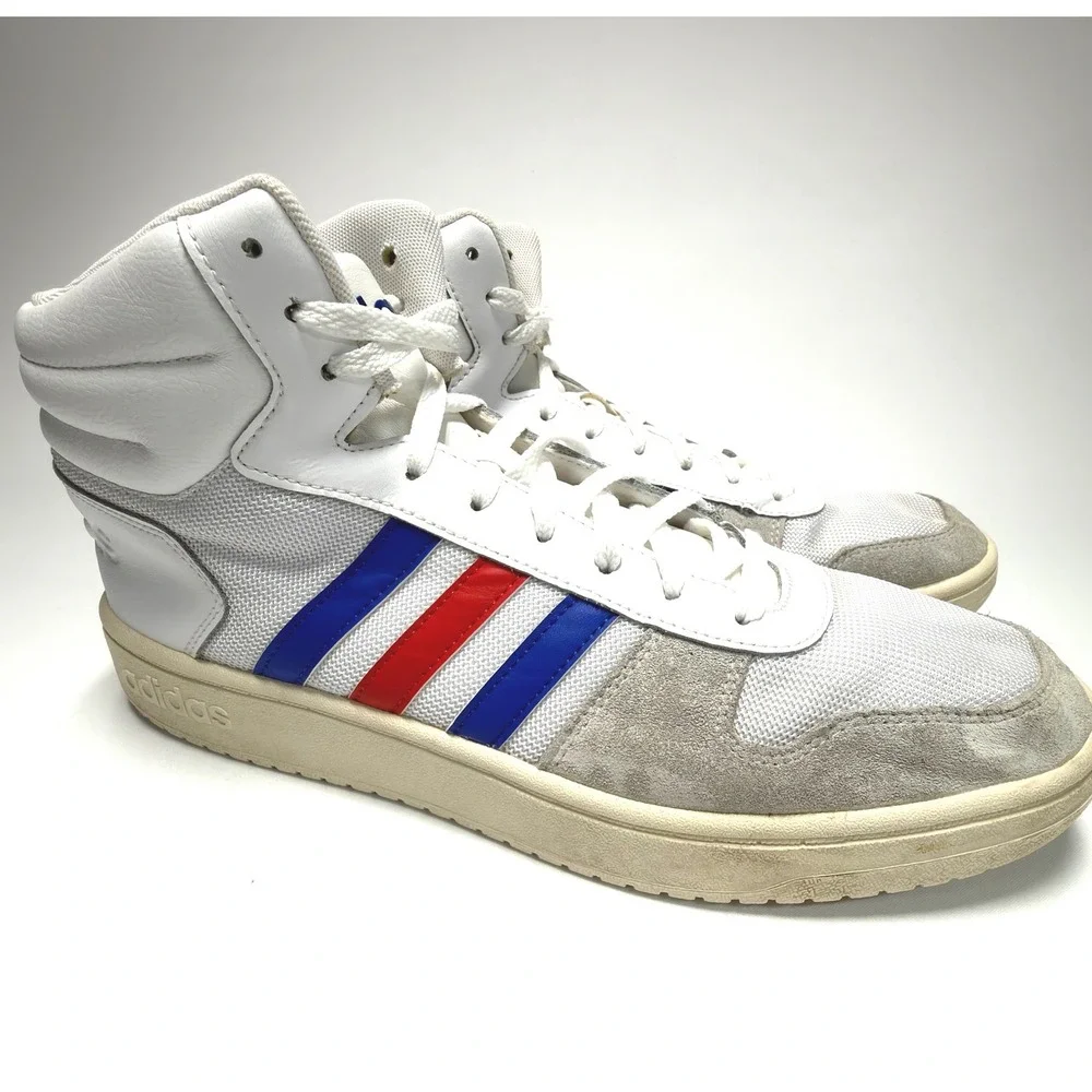 Adidas Hoops 2.0 Mid Shoes Mens 12 White Blue Red‎ Basketball Sneakers FW8252